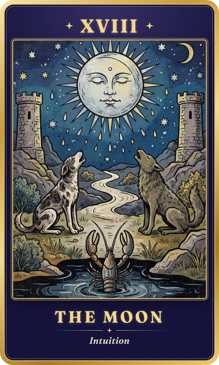 The Moon: tarot card result. A tarot card numbered XVIII, The Moon